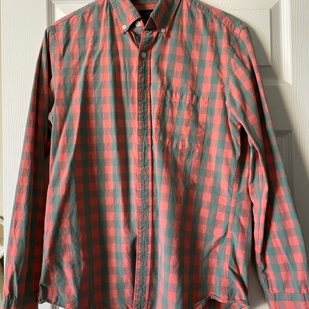 J. Crew Coral and Teal Check Button-Down Shirt